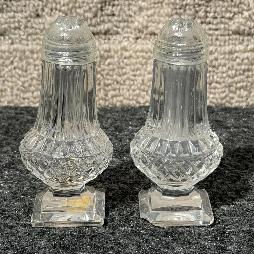 Bohemia Crystal Glass Salt and Pepper Shakers Set Vintage Diamond Cut Clear Read